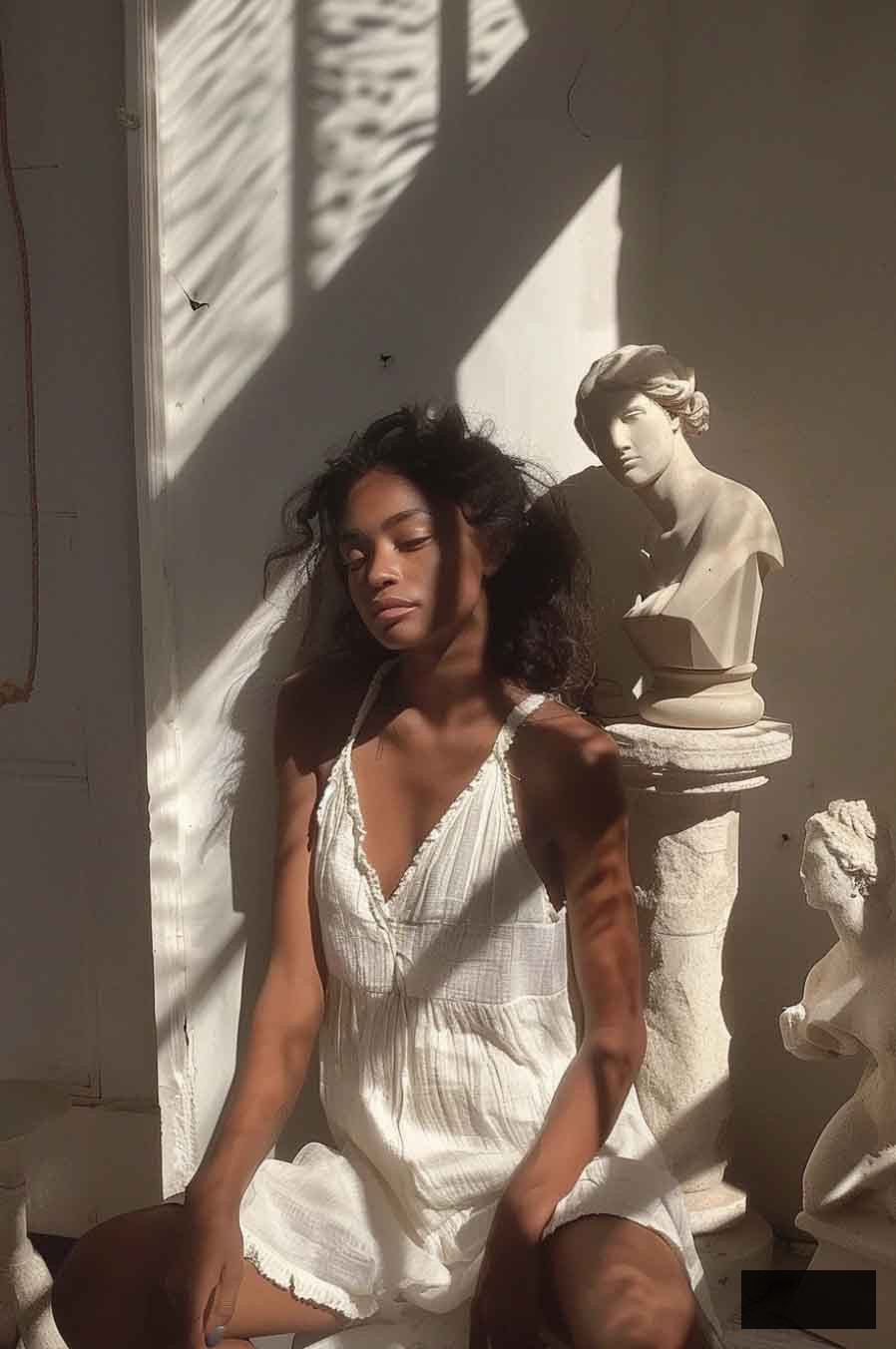 black woman white dress linen soft slow living light academia outfit style