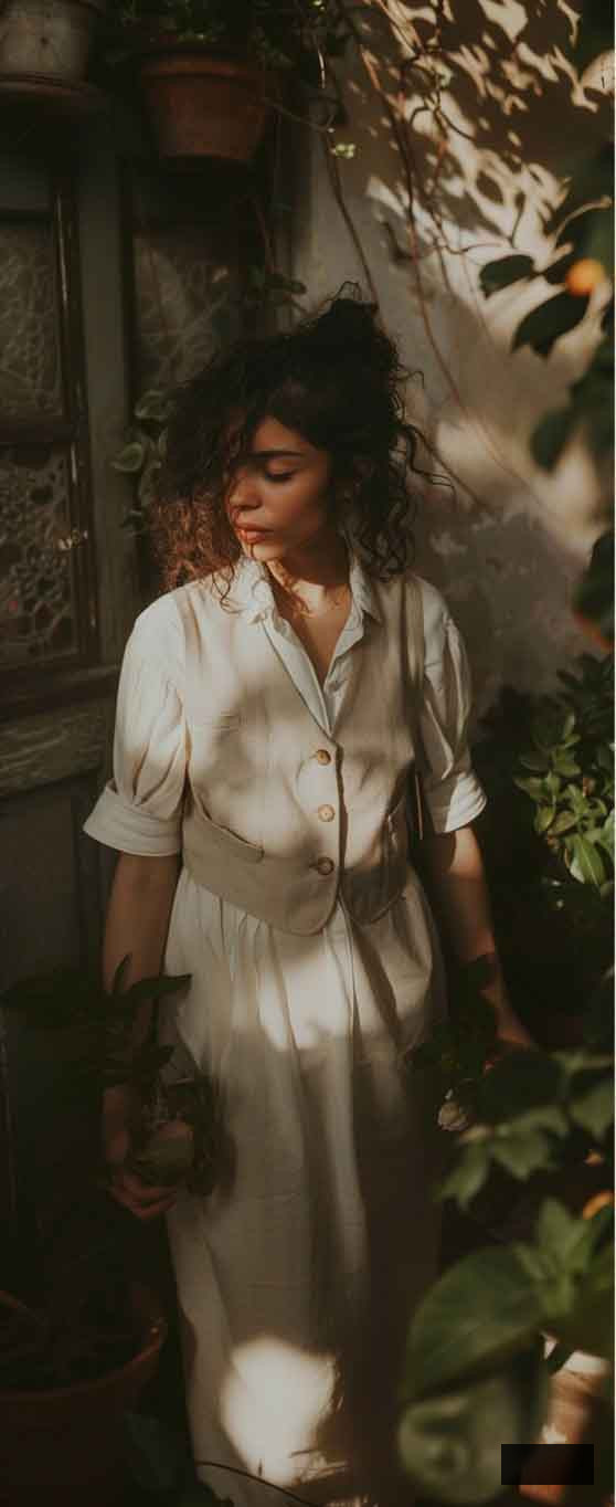 slow living aesthetic summer and spring outfit with linen suit vest and maxi dress