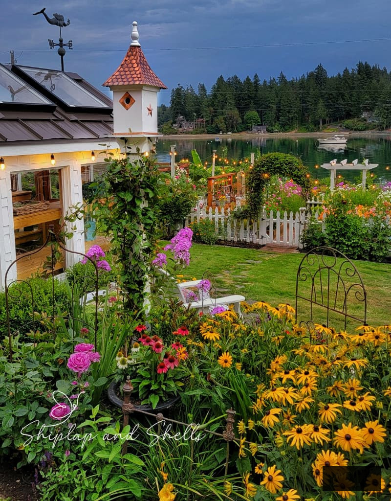 birdhouse and view of the cottage garden with blooming flowers