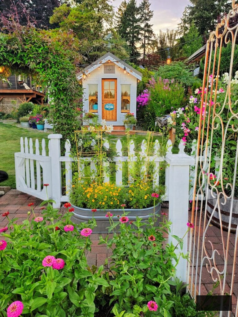 greenhouse and cut flower garden with white picket fence