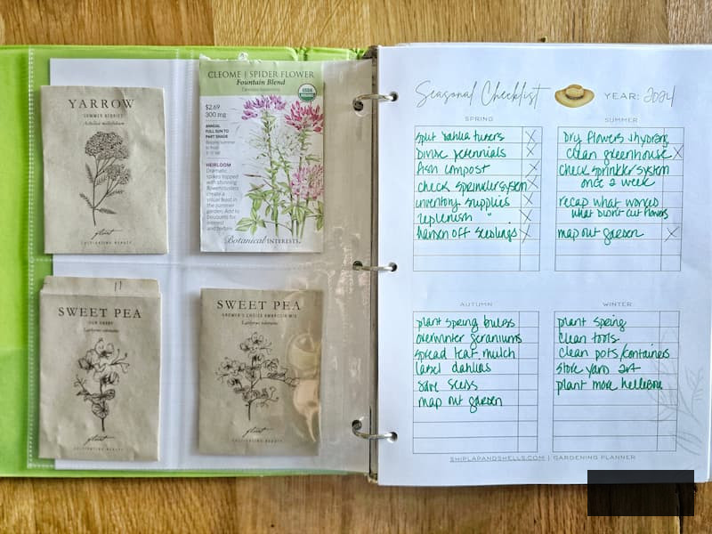 garden planner with seed packets and notes