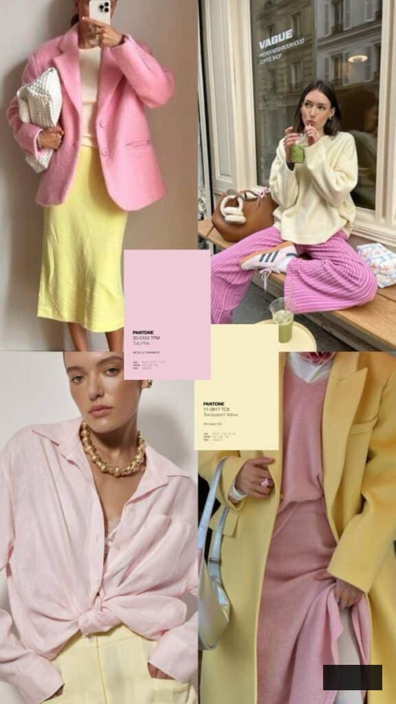_ 98 Fashion collage featuring pastel pink and yellow outfits, including blazers and skirts, with Pantone color swatches. | Sky Rye Design Fashion collage featuring pastel pink and yellow outfits, including blazers and skirts, with Pantone color swatches.