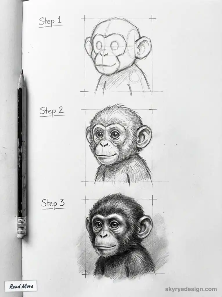Frame 427321160 Step-by-step guide to rendering a realistic monkey. Sketch evolution from outline to intricate illustration with pencil. | Sky Rye Design Step-by-step guide to rendering a realistic monkey. Sketch evolution from outline to intricate illustration with pencil.