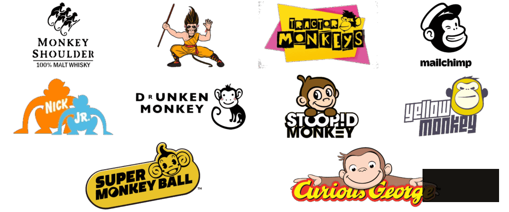 Most-Popular-Logos-With-a-Monkey 1 A variety of monkey-inspired logos such as Monkey Shoulder, Nick Jr., Drunken Monkey, Super Monkey Ball, and Curious George. | Sky Rye Design A variety of monkey-inspired logos including Monkey Shoulder, Nick Jr., Drunken Monkey, Super Monkey Ball, and Curious George.
