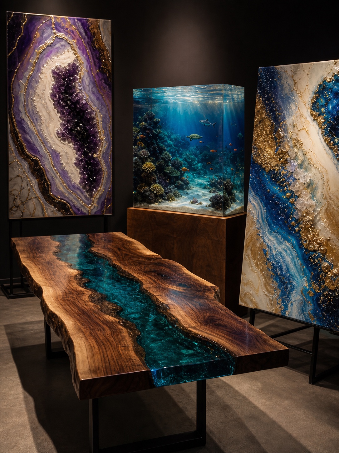 Advanced resin art projects Advanced resin art projects including a river table, geode painting, layered ocean block and mixed media canvas. | Sky Rye Design Advanced resin art projects including a river table, geode painting, layered ocean block and mixed media canvas.