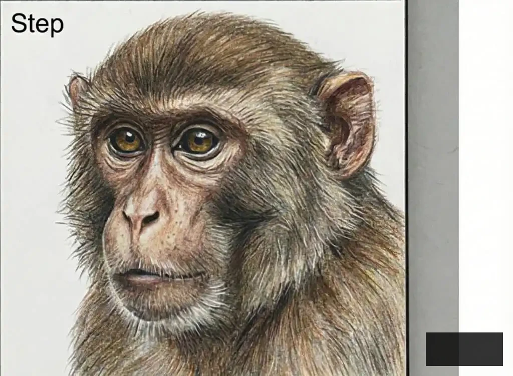Realistic colored pencil drawing of a monkey's face, showcasing expressive eyes and detailed fur texture.