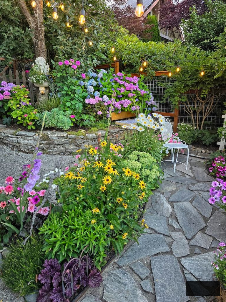 summer garden with a stone pathway