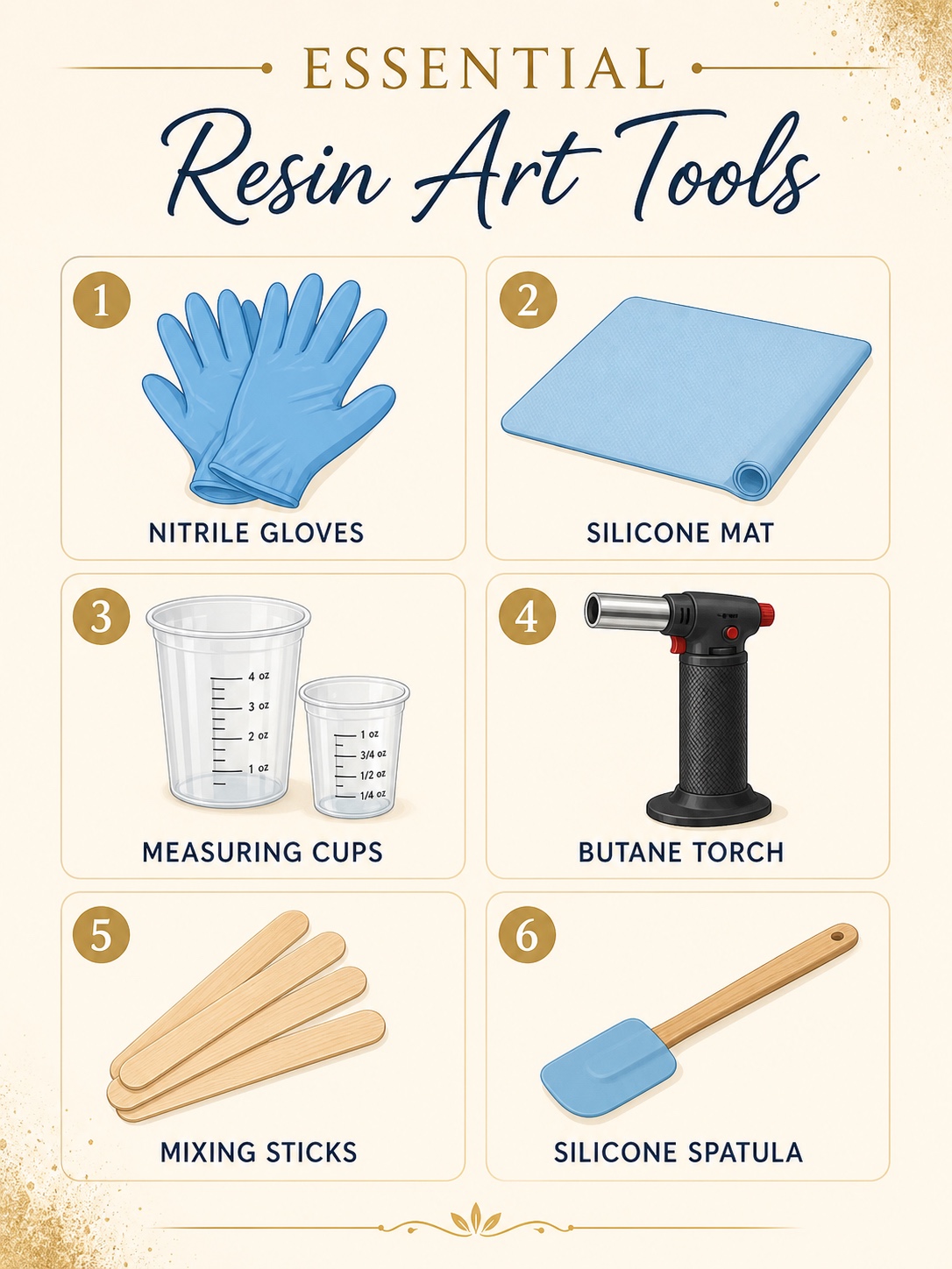 Essential resin art tools infographic Infographic showing essential resin art tools including nitrile gloves, silicone mat, measuring cups and torch. | Sky Rye Design Infographic showing essential resin art tools including nitrile gloves, silicone mat, measuring cups and torch.