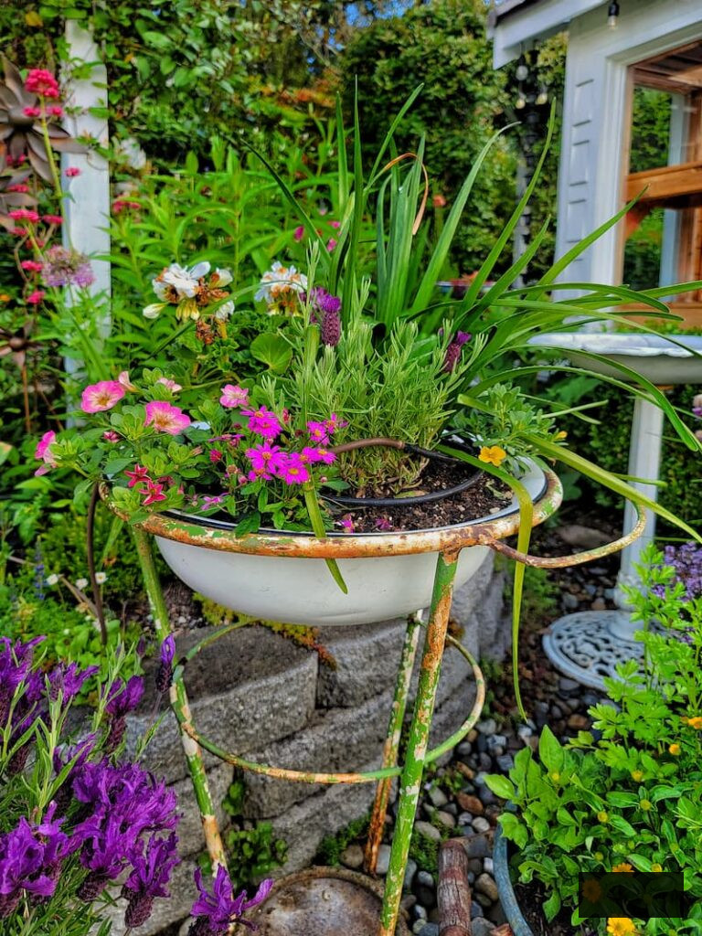 vintage flower container with summer flowers