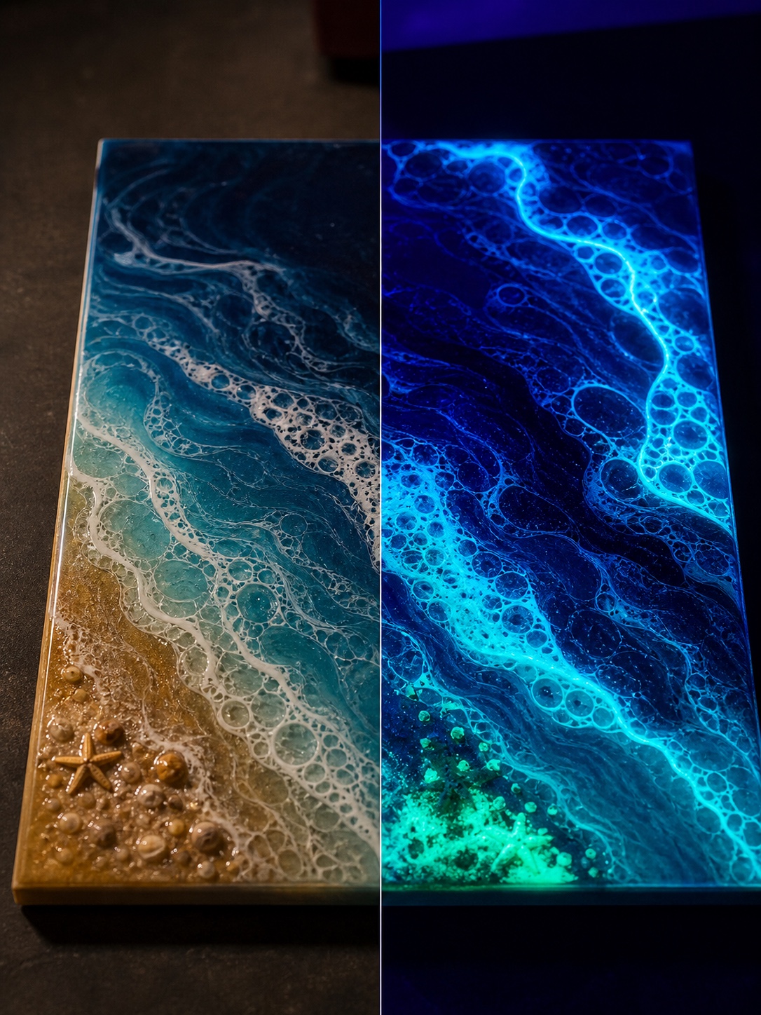 Glow in the dark resin art under UV light Split view of an ocean resin panel in normal light and glowing blue green under UV black light. | Sky Rye Design Split view of an ocean resin panel in normal light and glowing blue green under UV black light.
