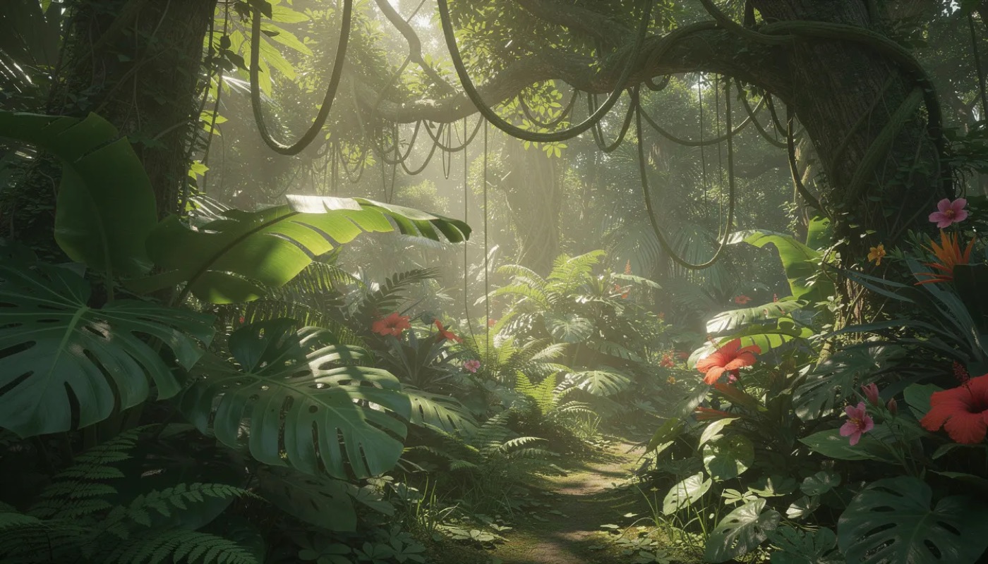 The image showcases a lively jungle setting filled with lush tropical foliage and winding vines, creating a spirited backdrop. In this colorful scene, a charming monkey can be observed playfully swinging from branches, revealing its expressive features and lengthy tail.
