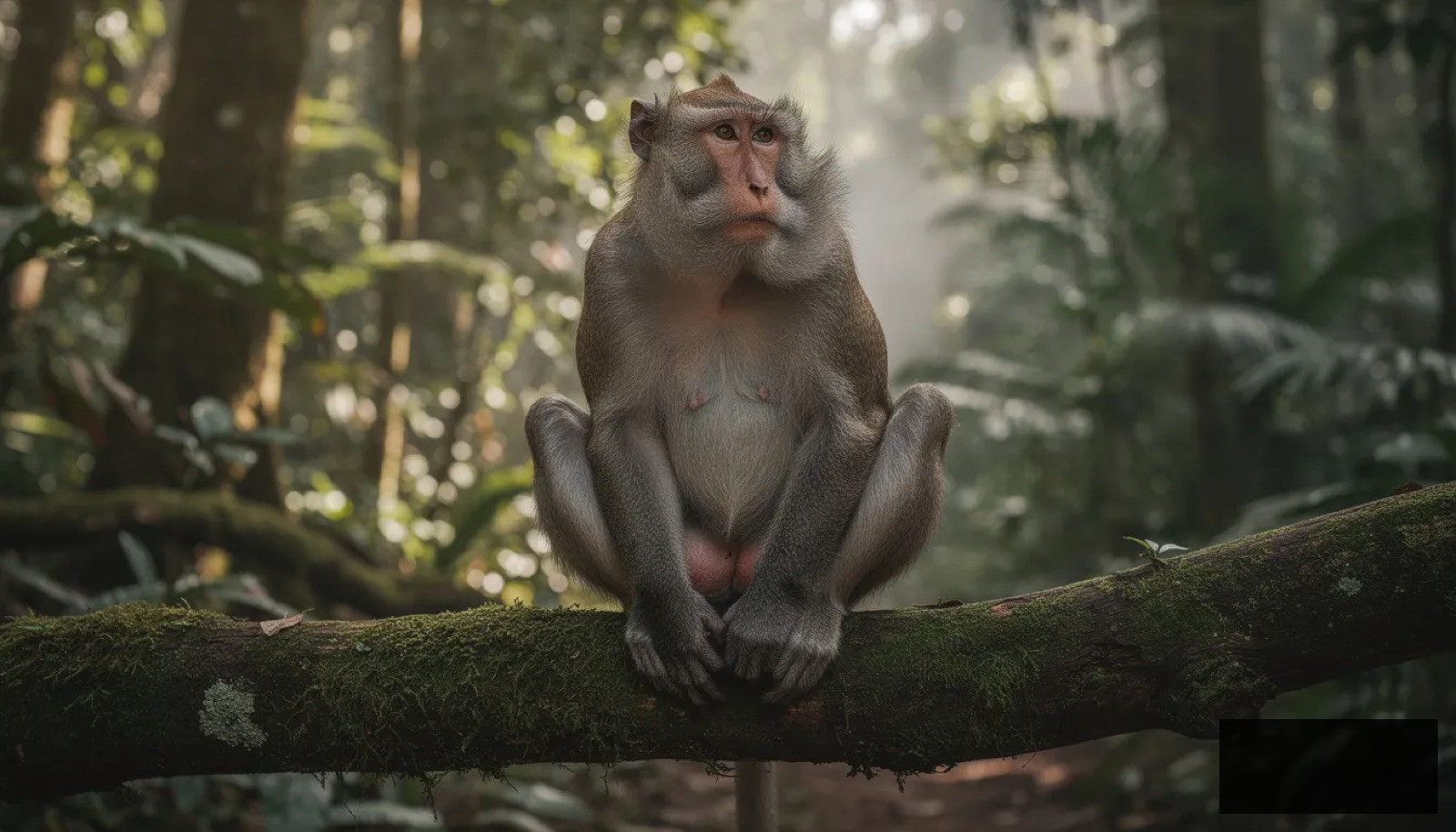 A realistic brown monkey is perched on a thick tree branch in a lush forest, showcasing its expressive face with bright eyes, a long tail, and detailed fur. The monkey's body is relaxed, embodying a cute and playful demeanor in its natural habitat.