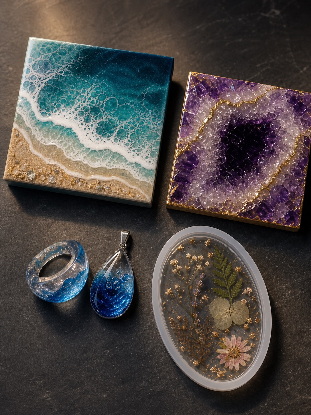 Intermediate resin art projects Intermediate resin art projects including an ocean panel, geode panel, resin jewelry, and botanical tray. | Sky Rye Design Intermediate resin art projects including an ocean panel, geode panel, resin jewelry, and botanical tray.