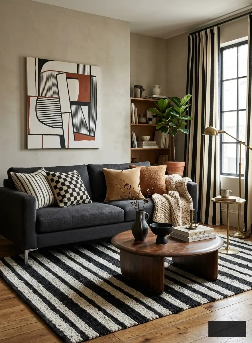 Contemporary living room showcasing a black sofa, striped curtains, striped area rug, geometric artworks, and warm neutral accents.