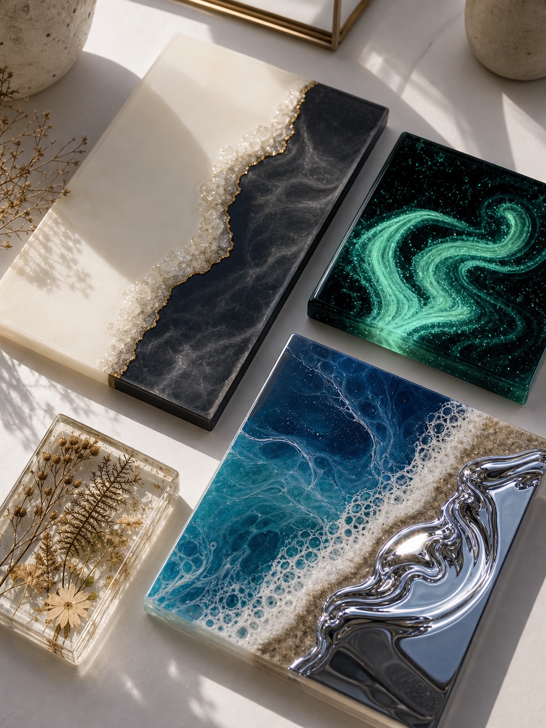 Modern resin art trends for 2026 Modern resin art trends including minimalist geode art, phosphorescent pour, chrome ocean pour and botanical block. | Sky Rye Design Modern resin art trends including minimalist geode art, phosphorescent pour, chrome ocean pour and botanical block.