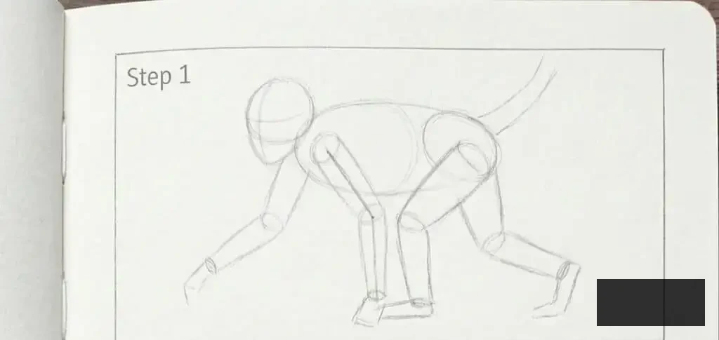 monkey-1 Step 1: Basic sketch of a crawling figure in a notebook, showing simple shapes and structure for drawing practice. | Sky Rye Design Step 1: Basic sketch of a crawling figure in a notebook, showing simple shapes and structure for drawing practice.