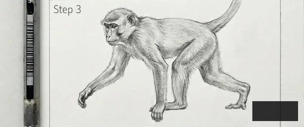 monkey-3 Pencil drawing of a walking monkey, Step 3, with intricate fur texture and posture, next to a pencil for reference. | Sky Rye Design Pencil drawing of a walking monkey, Step 3, with intricate fur texture and posture, next to a pencil for reference.
