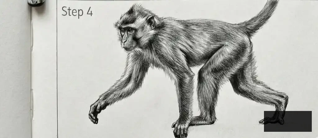 monkey-4 Step 4 of monkey drawing tutorial: Detailed sketch of a monkey walking, highlighting realistic fur texture on paper. | Sky Rye Design Step 4 of monkey drawing tutorial: Detailed sketch of a monkey walking, highlighting realistic fur texture on paper.