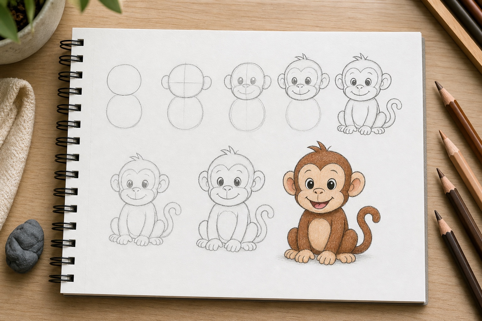 Step-by-step cartoon monkey drawing on a sketchbook page, showing simple shapes, pencil guidelines, and a finished colored monkey for beginners.