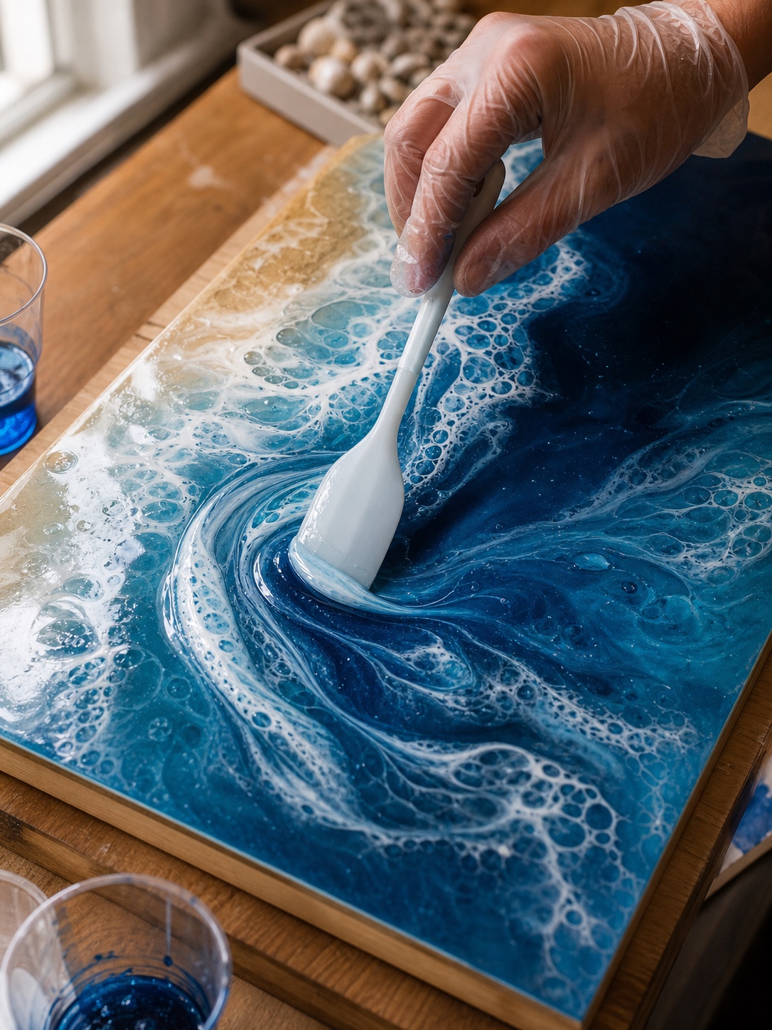 Ocean pour resin wave technique A resin artist uses a silicone spatula to shape blue and white ocean wave patterns in glossy resin. | Sky Rye Design A resin artist uses a silicone spatula to shape blue and white ocean wave patterns in glossy resin.
