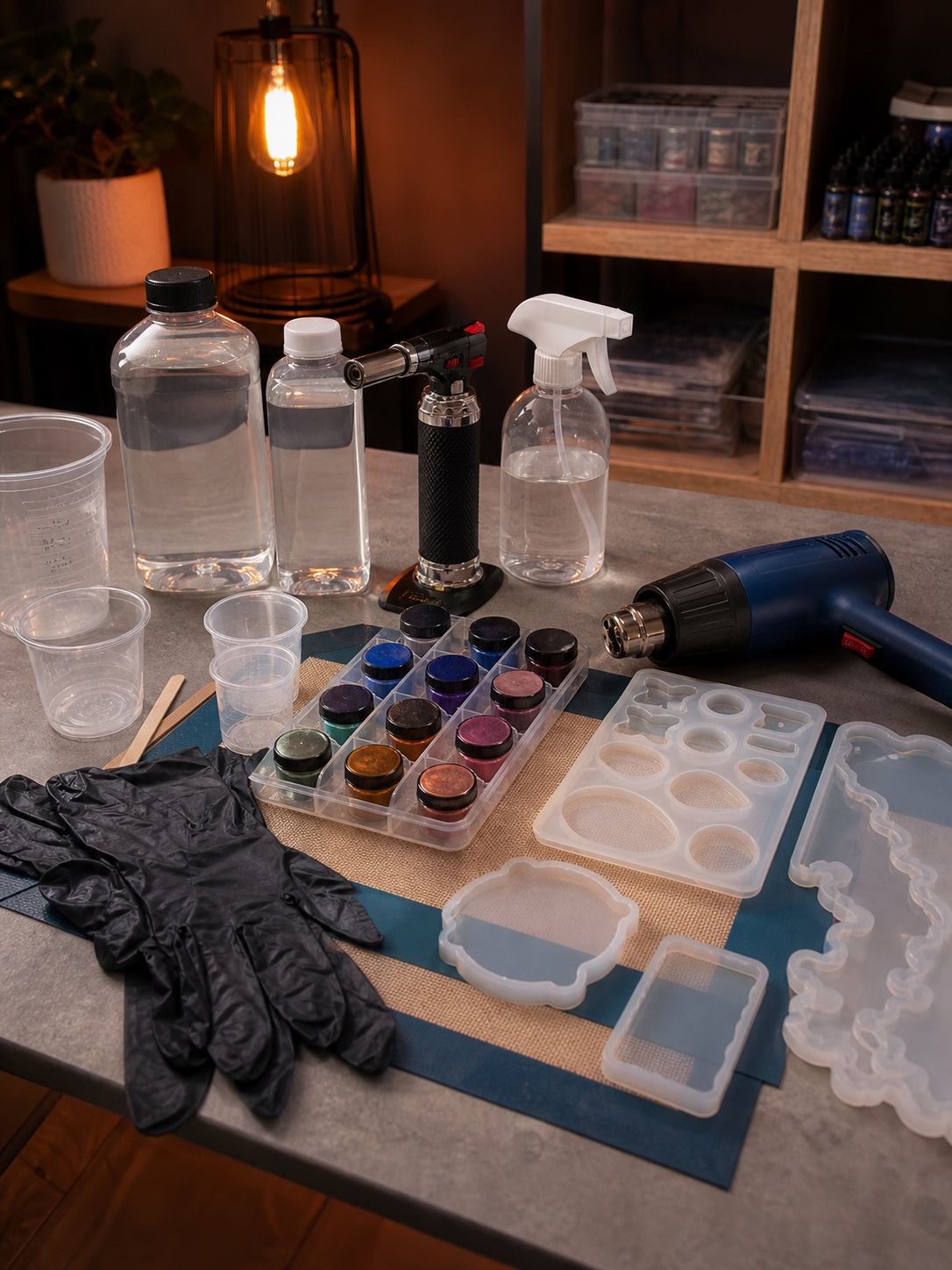 Organized resin art workspace Organized resin art workspace with silicone mat, epoxy, cups, gloves, pigments, torch and heat gun. | Sky Rye Design Organized resin art workspace with silicone mat, epoxy, cups, gloves, pigments, torch and heat gun.