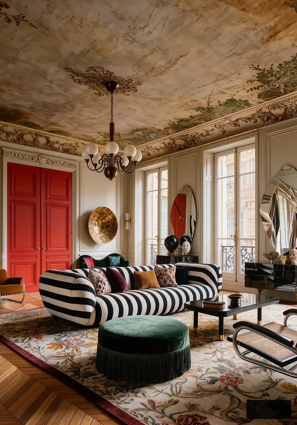 Monochrome striped sofa in a refined Parisian living area adorned with elaborate ceiling frescoes, ruby paneled doors, tall French windows, and eclectic modern décor.