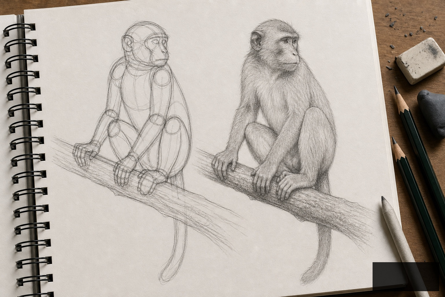 Realistic monkey pose construction drawing Realistic monkey pose construction drawing on a sketchbook page, with ovals, limb guides, branch placement, and a refined pencil sketch. | Sky Rye Design Realistic monkey pose construction drawing on a sketchbook page, with ovals, limb guides, branch placement, and a refined pencil sketch.