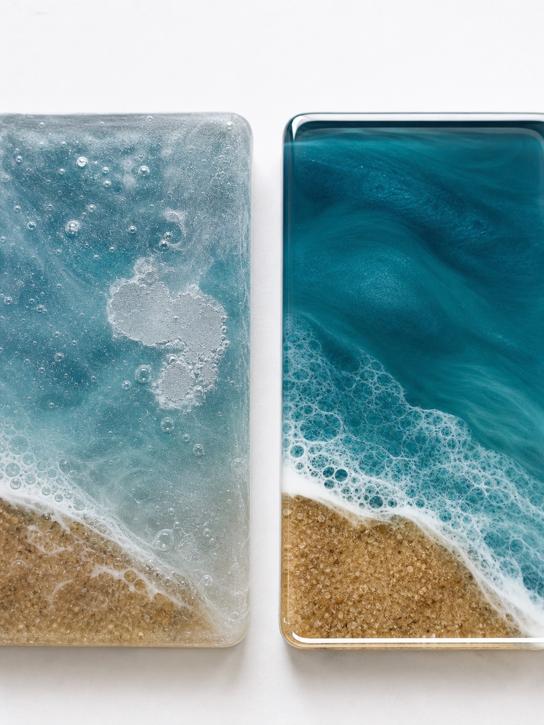 Resin art mistakes comparison Comparison of flawed resin with cloudy bubbles and sticky patches beside a smooth clear cured resin piece. | Sky Rye Design Comparison of flawed resin with cloudy bubbles and sticky patches beside a smooth clear cured resin piece.