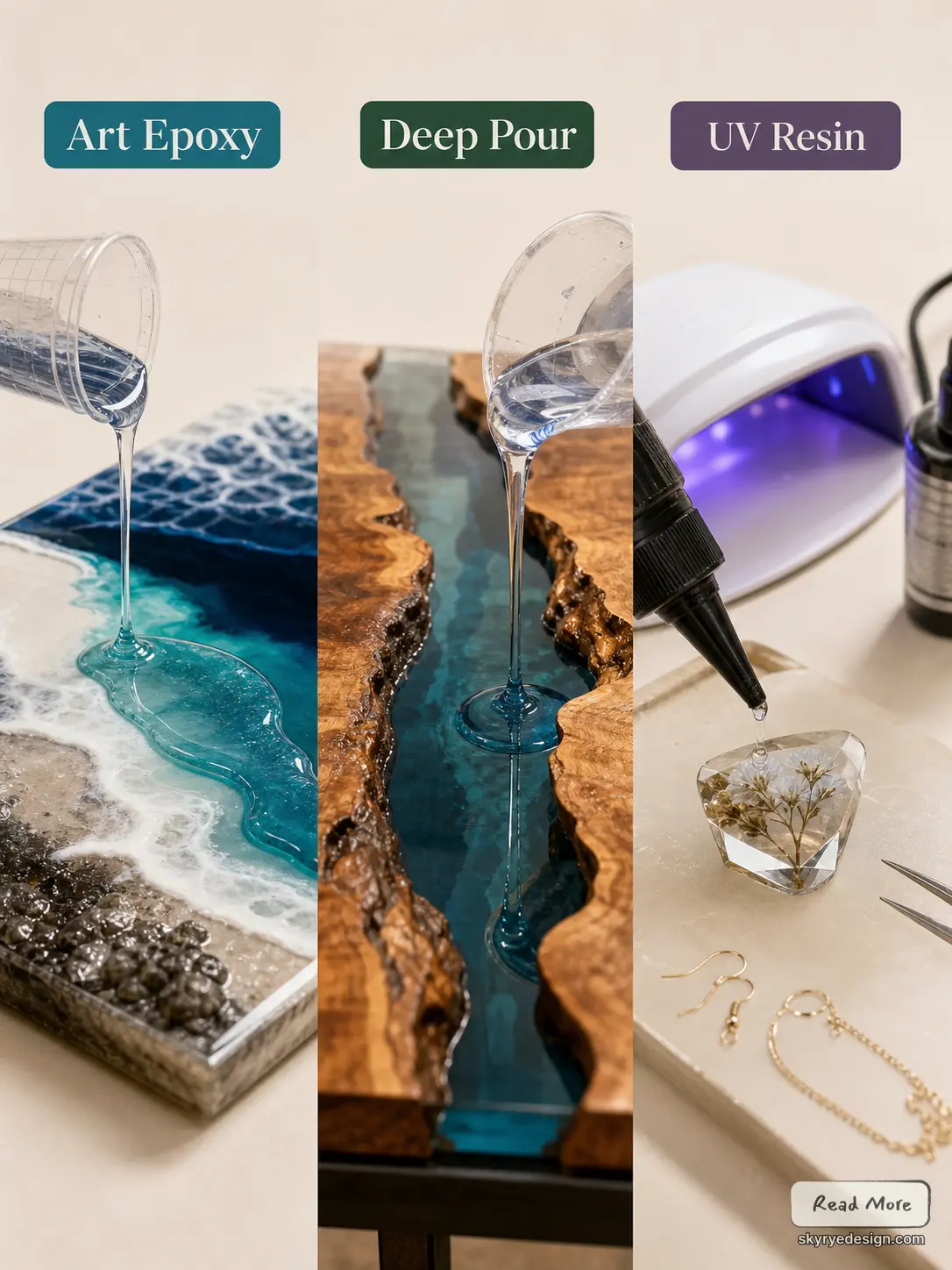 ig_035b10c4d572cae9016a19a02bc8208191975e89d63055390a Triptych collage of resin art methods: left panel depicts turquoise epoxy pouring onto a beach-themed surface; middle panel a wooden trough filled with blue epoxy; right panel a resin project under UV light showcasing jewelry and a faceted gem | Sky Rye Design Epoxy resin comparison: art epoxy ocean pour, deep-pour river-table resin, UV resin jewelry with curing lamp.