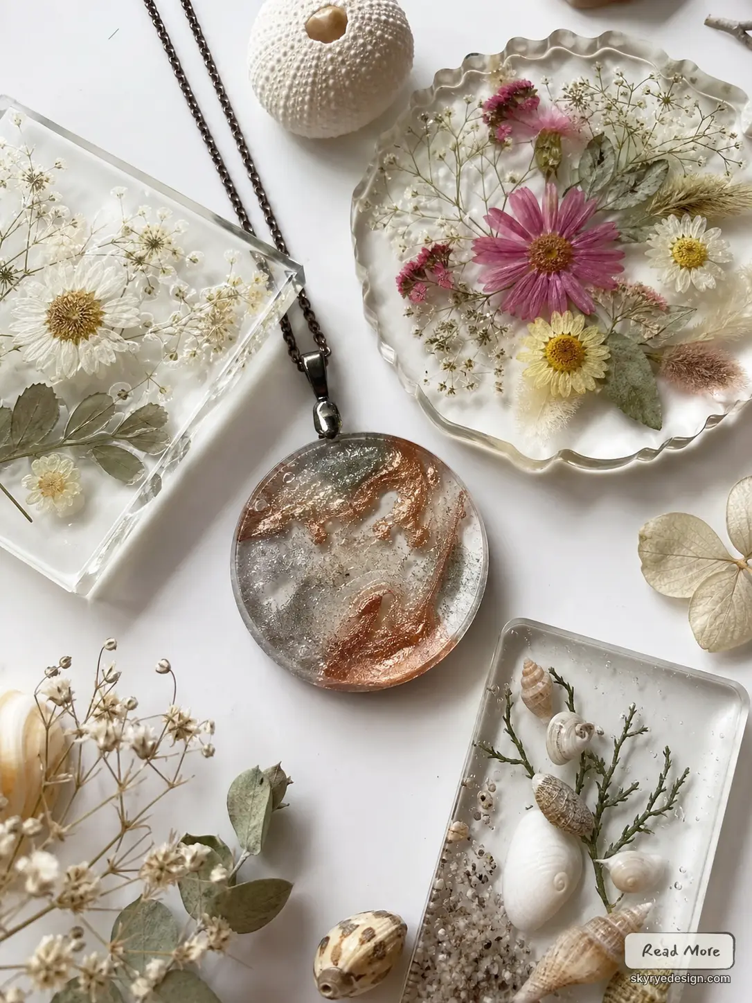 ig_035b10c4d572cae9016a19a19c84908191838bf5f090b283471 Handmade resin pendant necklace with metallic swirl, surrounded by pressed flower coasters and seashell resin trays | Sky Rye Design Handmade resin pendant necklace with metallic swirl, surrounded by pressed flower coasters and seashell resin trays