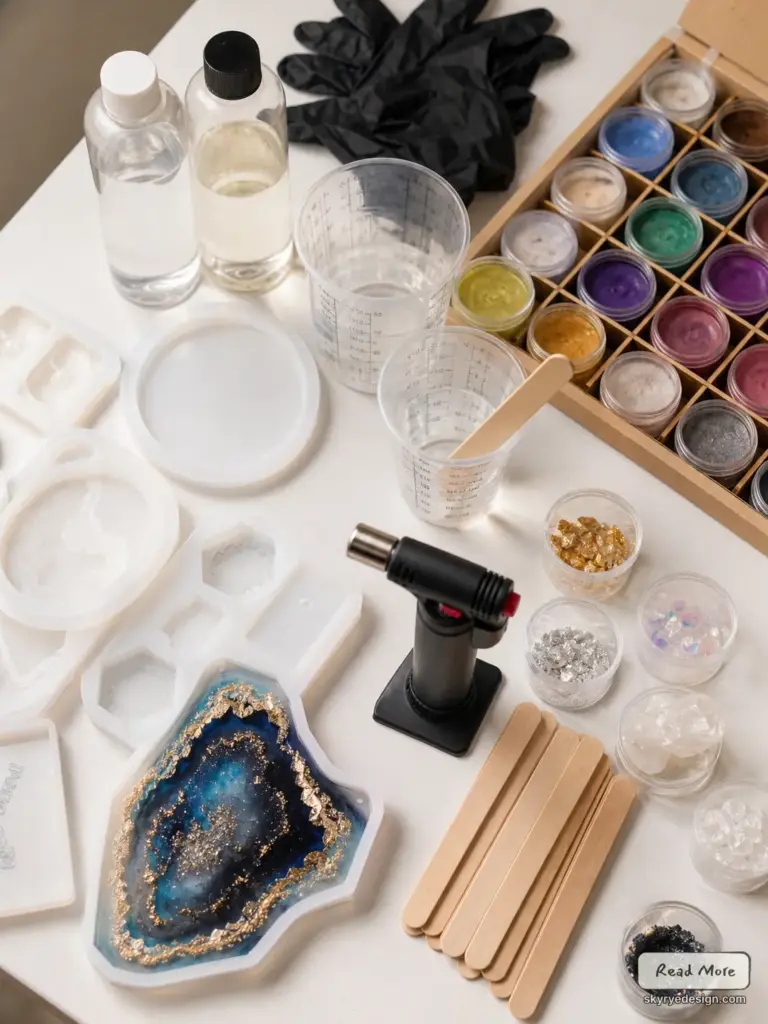 ig_035b10c4d572cae9016a199fec2b5081919ac16ffdeb622f05 Resin art supplies: blue geode resin coaster in silicone mold, pigments, gold leaf flakes, mixing cups, torch, stir sticks | Sky Rye Design Resin art supplies: blue geode resin coaster in silicone mold, pigments, gold leaf flakes, mixing cups, torch, stir sticks