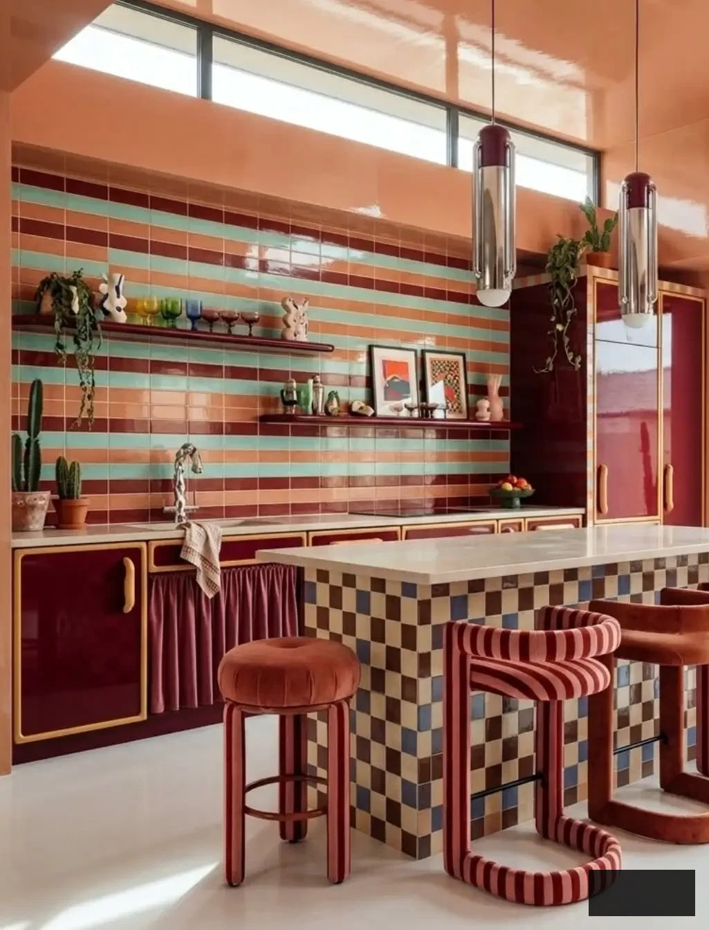 Vibrantly colored retro kitchen featuring striped tile backsplash, checkerboard island, burgundy cabinetry, and striped velvet bar stools in warm peach and berry shades.