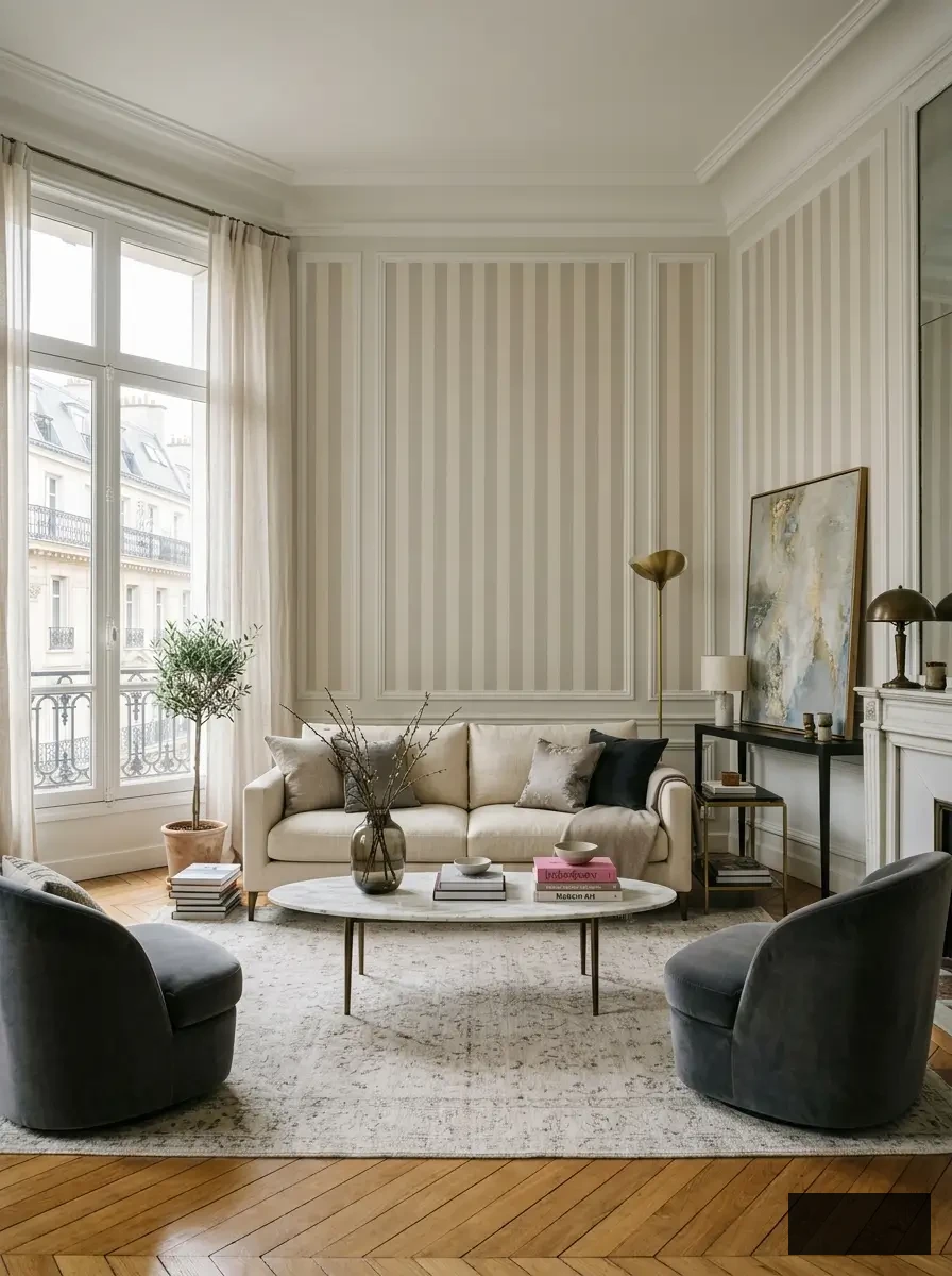 Elegant Parisian living room with subtle beige striped wallpaper, neutral furnishings, marble coffee table, and classic architectural details.