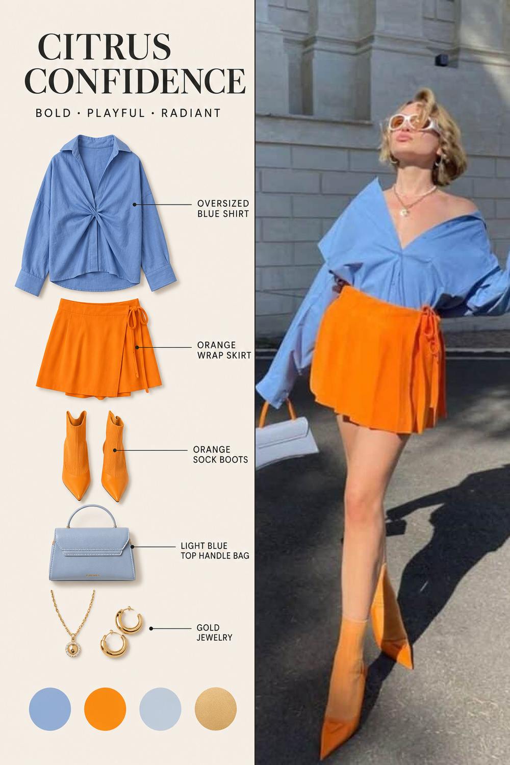 Summer Outfit Color Combination Infographic 02 Blue shirt and orange skirt summer outfit color infographic | Sky Rye Design Blue shirt and orange skirt summer outfit color infographic