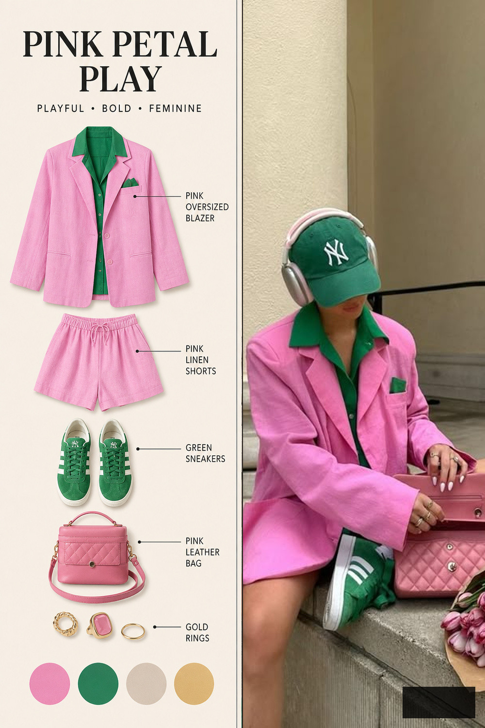 Summer Outfit Color Combination Infographic 03 Pink blazer and green cap summer outfit infographic | Sky Rye Design Pink blazer and green cap summer outfit infographic