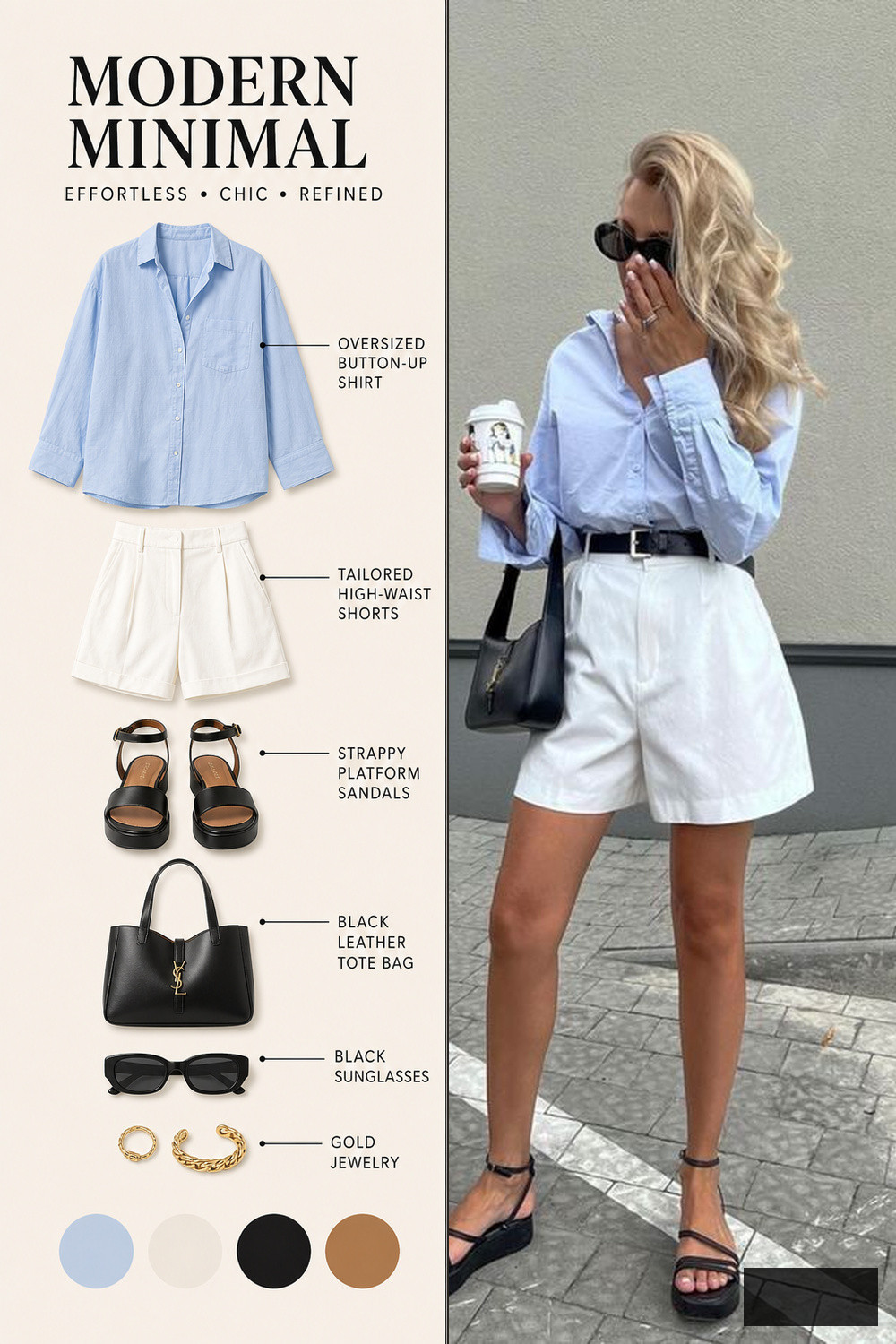 Summer Outfit Color Combination Infographic 04 Blue shirt and white shorts summer outfit infographic | Sky Rye Design Blue shirt and white shorts summer outfit infographic