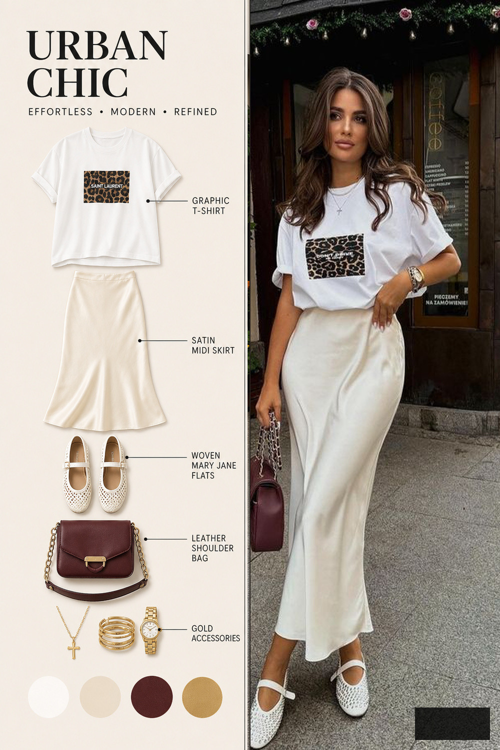 Summer Outfit Color Combination Infographic 05 White skirt and leopard print shirt summer outfit infographic | Sky Rye Design White skirt and leopard print shirt summer outfit infographic