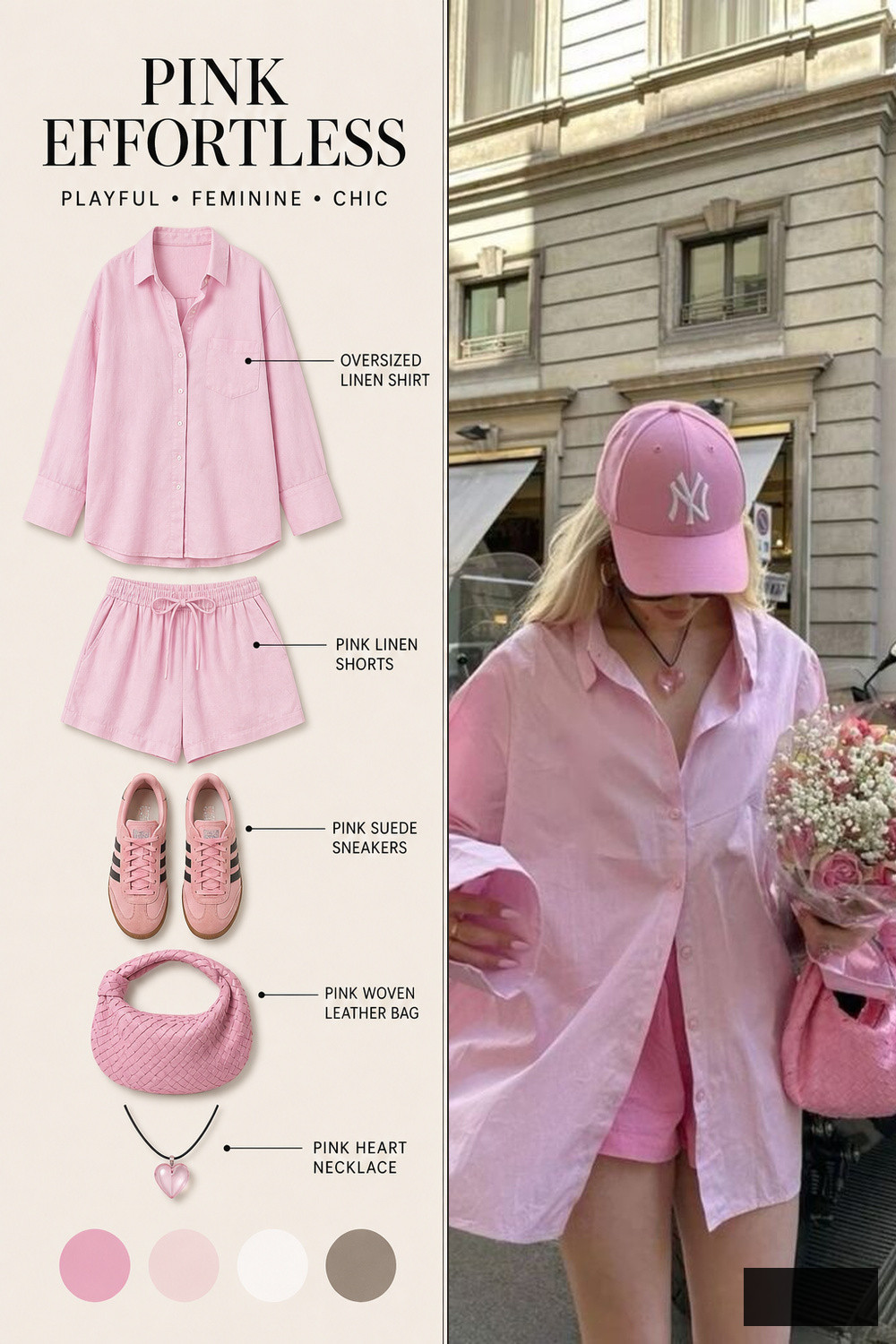 Summer Outfit Color Combination Infographic 06 Ad collage displaying a coordinated pink ensemble: oversized linen shirt, pink linen shorts, pink suede sneakers, pink woven bag, pink heart necklace; color swatches presented; individual in pink on the right. | Sky Rye Design Pink shirt and cap summer outfit infographic