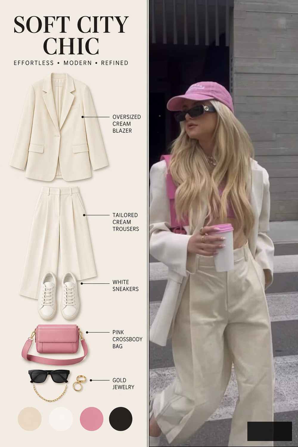 Summer Outfit Color Pairing Infographic 07 Left: cream-hued fashion collage showcasing an oversized cream blazer, fitted cream trousers, white sneakers, pink crossbody bag, and gold accessories; right: woman in a cream ensemble with a pink cap, sunglasses, and a takeaway coffee. | Sky Rye Design Cream ensemble with pink cap summer outfit infographic