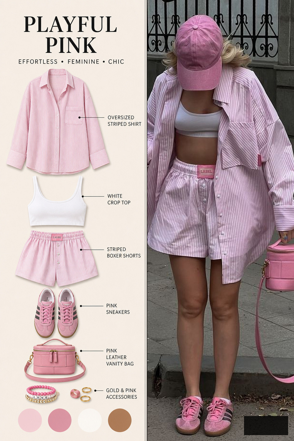 Summer Outfit Color Pairing Infographic 08 Pink striped shirt and shorts summer outfit infographic | Sky Rye Design Pink striped shirt and shorts summer outfit infographic