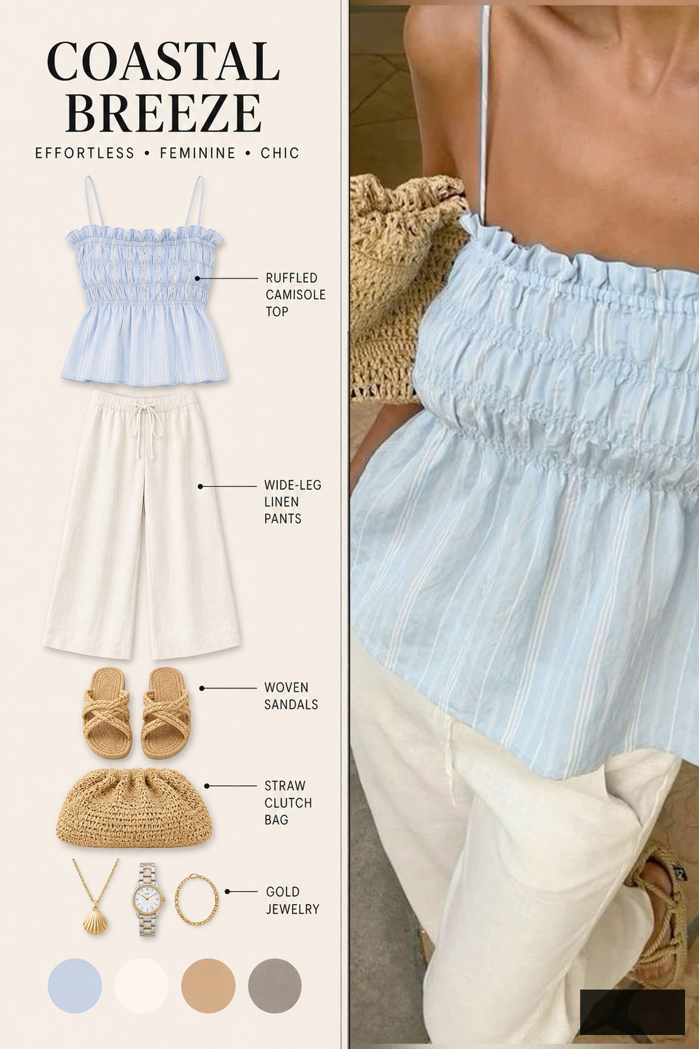 Summer Outfit Color Combination Infographic 10 Split fashion collage showing Coastal Breeze outfit: blue ruffled camisole, white linen wide-leg pants, woven sandals, straw clutch, and gold jewelry with color swatches; right shows a close-up of the blue ruched top on a model. | Sky Rye Design Light blue smocked top and white pants summer outfit infographic