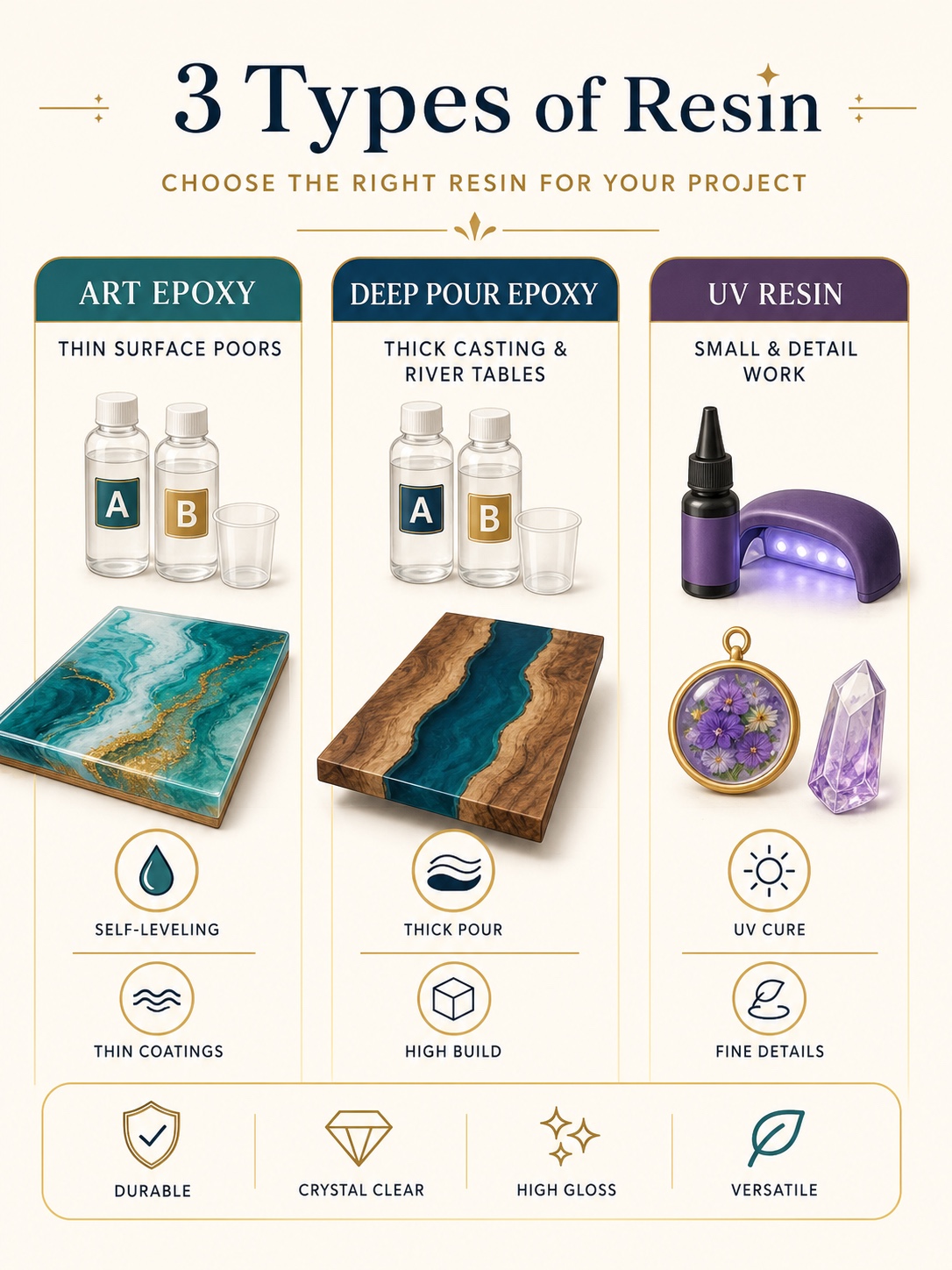 Types of resin for art infographic Infographic juxtaposing art epoxy, deep pour epoxy and UV resin for various resin art projects. | Sky Rye Design Infographic juxtaposing art epoxy, deep pour epoxy and UV resin for various resin art projects.