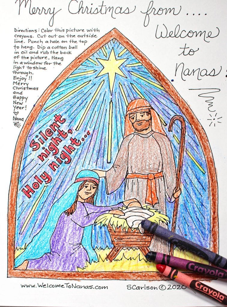 Página de colorir da cena de natividade finalizada com Maria, José e o bebê Jesus.