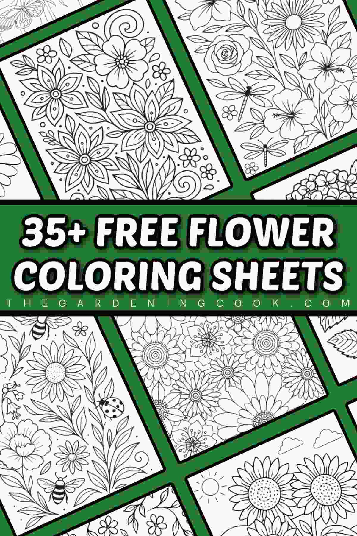 Uma colagem de nove páginas para colorir de flores grátis para imprimir, sob uma sobreposição de texto que diz 35+ folhas para colorir de flores grátis.