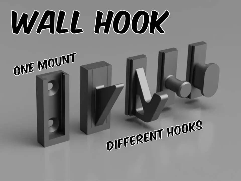 Various wall hooks with one mount displayed in a row, showcasing diverse designs and attachments for versatile home application.
