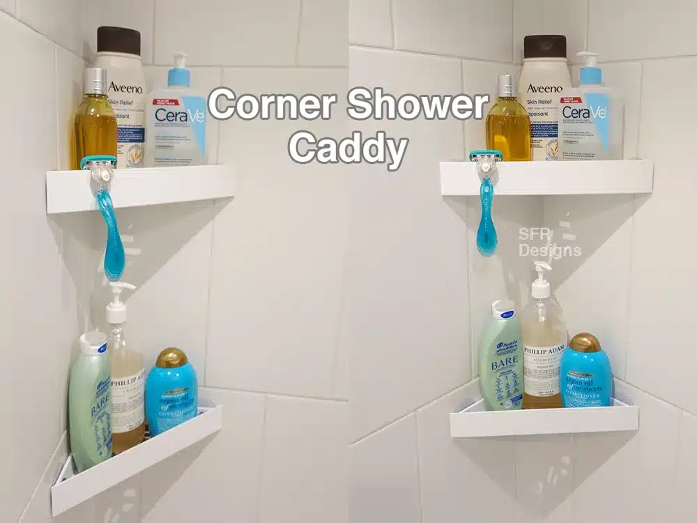 3D printed shower caddy holding toiletries in a bathroom corner