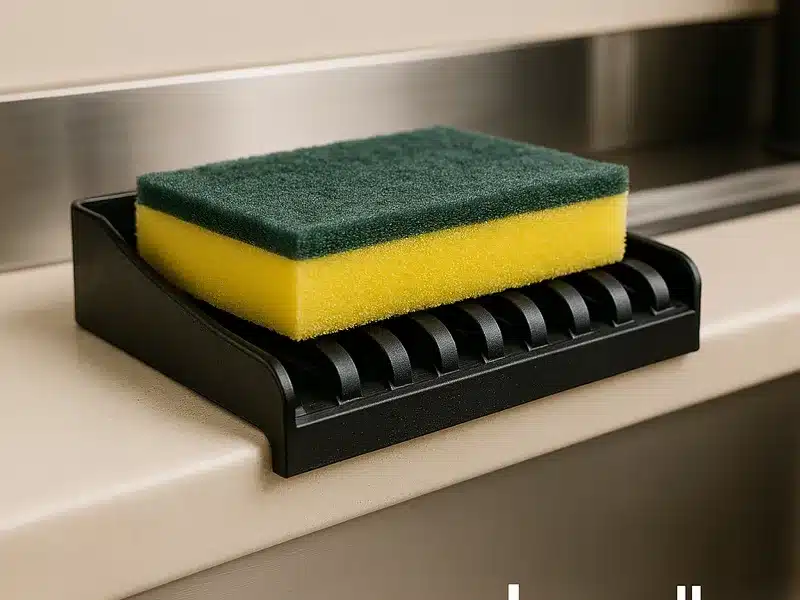3D printed kitchen sponge holder adjacent to a sink for a practical everyday print