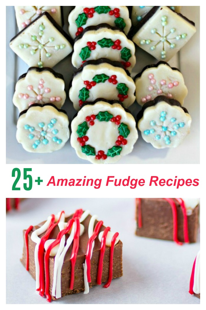 25 receitas de fudge pedaços de fudge em uma colagem com texto dizendo