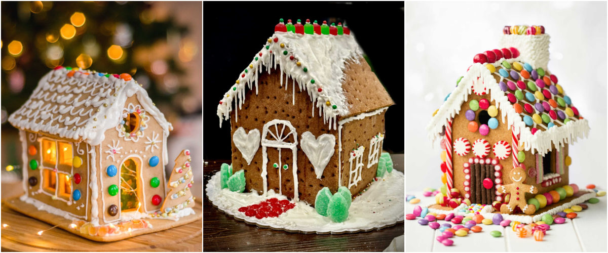 Inspiração para casa de gengibre Casas de gengibre em um collage mostrando como usar balas de caramelo (butterscotch), bastões de bala, , pastilhas de hortelã (peppermints) e M & Ms.