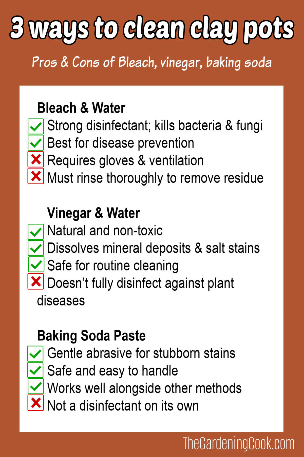 Uma infografia mostrando os prós e contras de limpar vasos de barro com água sanitária, vinagre e bicarbonato de sódio.